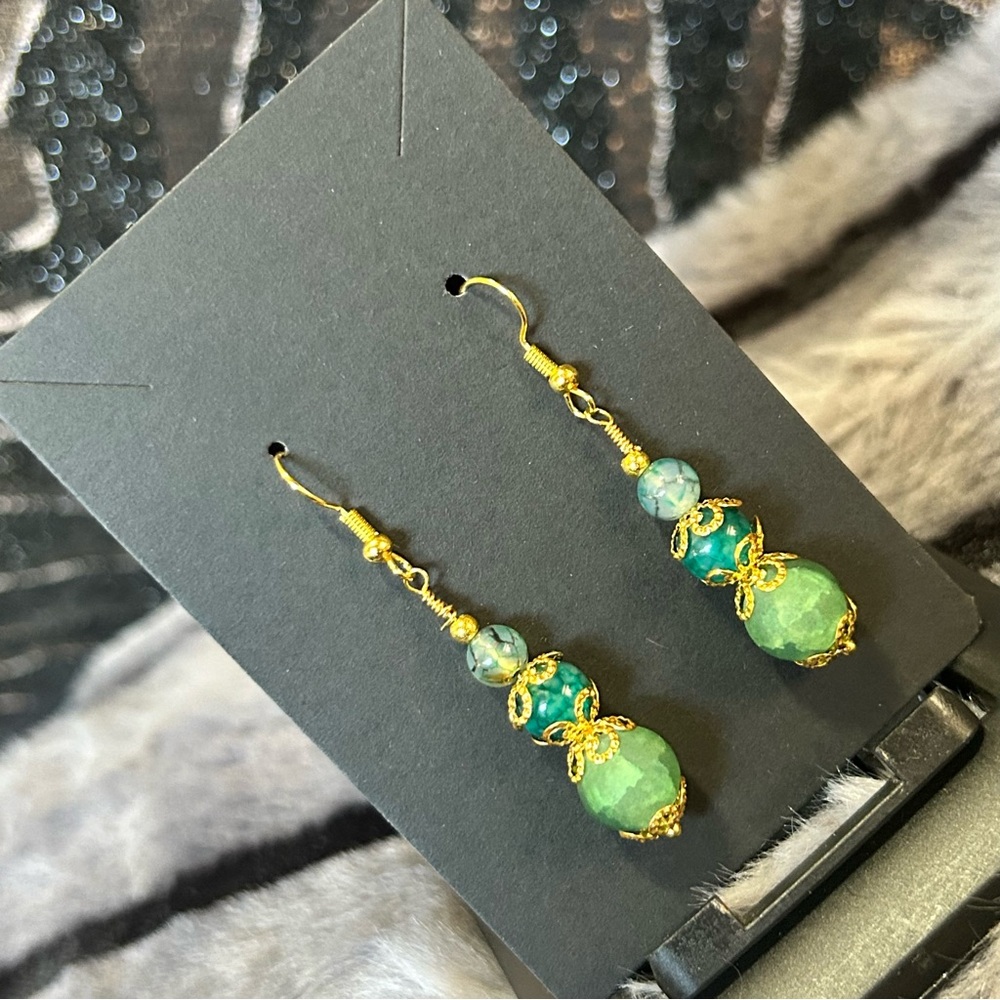 Handcrafted green crackle glass dragon vein agate earrings